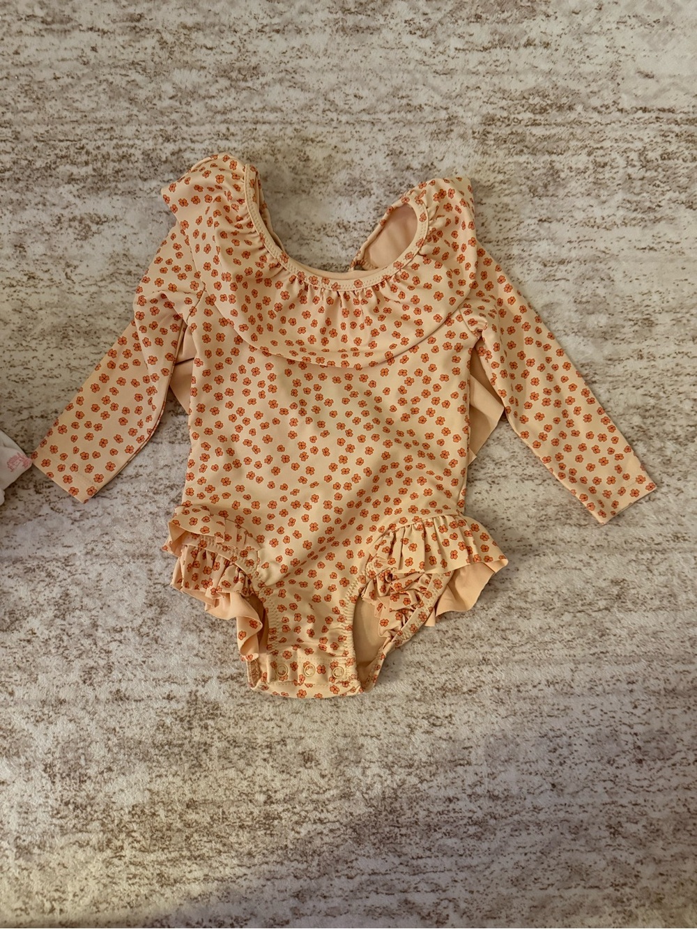 Konges Slojid Peach Floral Ruffle Long-Sleeve Swim Rashguard One-Piece for Kids